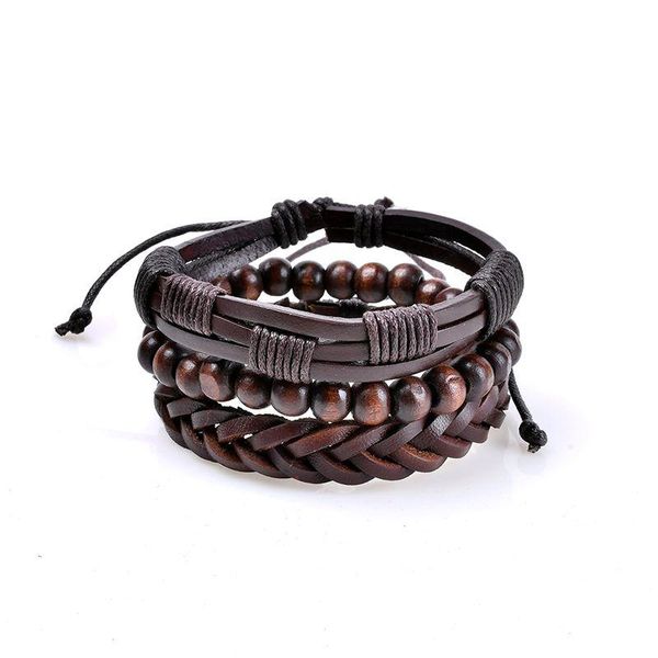 

charm bracelets multilayer bracelet men casual fashion braided leather for women wood bead punk rock jewelry dark brown, Golden;silver