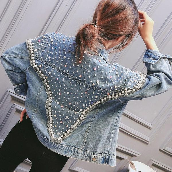 

women's jackets retro heavy industry pearl beaded tassel jacket 2021 jeans spring coats fashion blue denim female, Black;brown