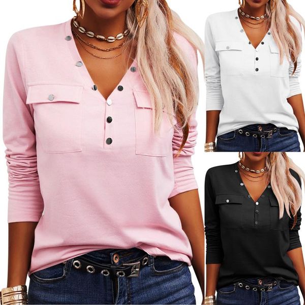 

women's blouses & shirts large size shirt blouse casual solid pocket long sleeve button v-neck harajuku women blusas femininas, White