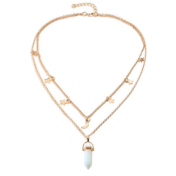 

casual simple star moon choker necklace natural stone hexagonal column necklaces pendants fashion bullet crystal necklace women jewelry, Silver
