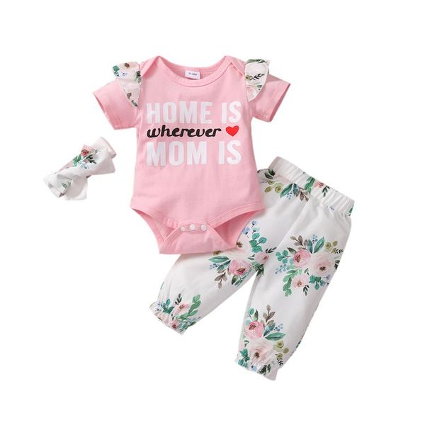 

clothing sets infant kids baby girl short sleeve set, letter print and flower long pants headband 3-piece suits, White