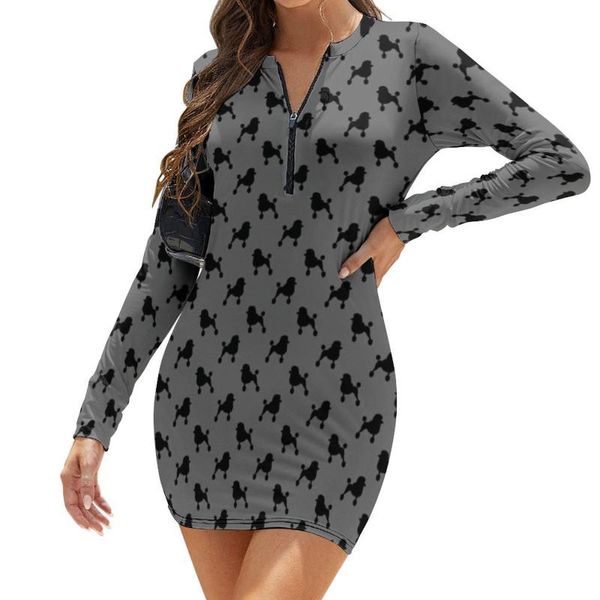 

casual dresses poodle dress long sleeve spandex female bodycon going out sale pretty longsleeve one-piece, Black;gray