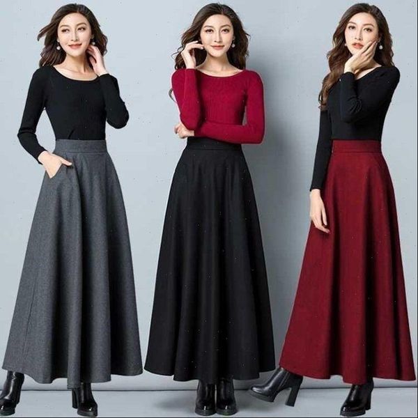 

autumn and winter solid color women skirts woolen big hem a line high waist long woman mujer faldas saias mulher, Black