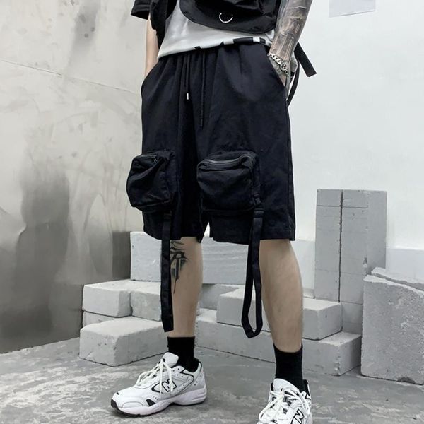 

men's shorts casual men 2022 summer cotton knee length ribbons black short pants streetwear hip hop man joggers, White;black