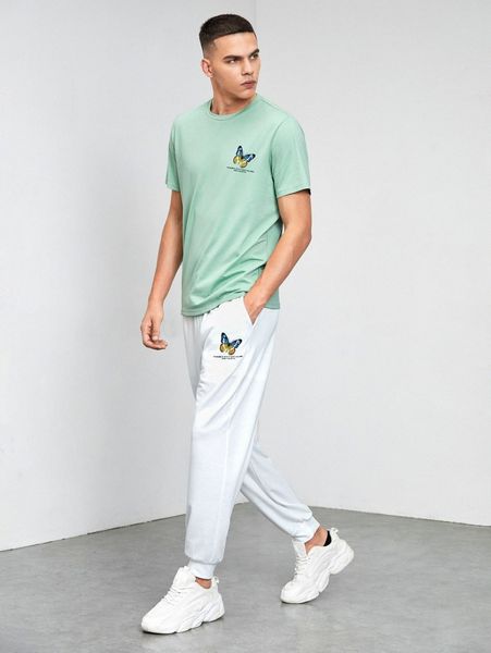 

men slogan and butterfly print & sweatpants b6eu#, Gray