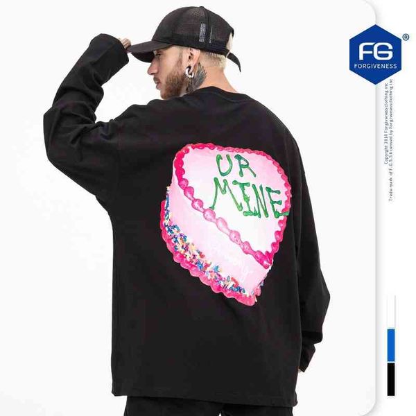

fg menswear | 2021 autumn winter new high street fashion brand gong jun same love cake printed loose long sleeve t-shirt, Black