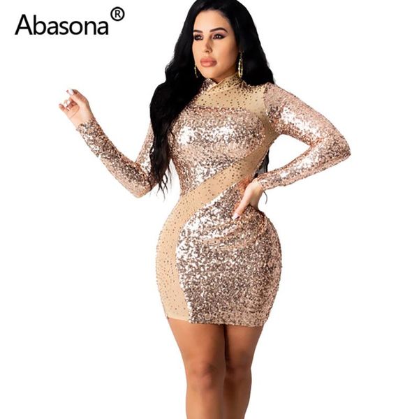 

casual dresses abasona women sheath summer sequined 2021 bodycon mini night club party vestidos full sleeve mesh gold black dress, Black;gray