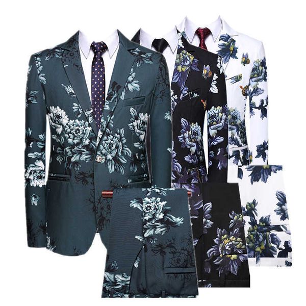 2021 novos homens terno dois pedaço conjunto verde preto branco design magro masculino flor blazer e calça casamento festa smoker x0909