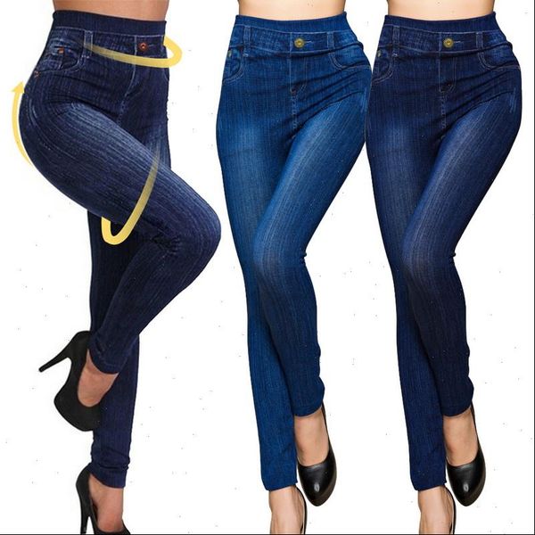 

print winter jeggings seamless womens legging casual high waist faux jeans denim slim pencil pants fitness, Black