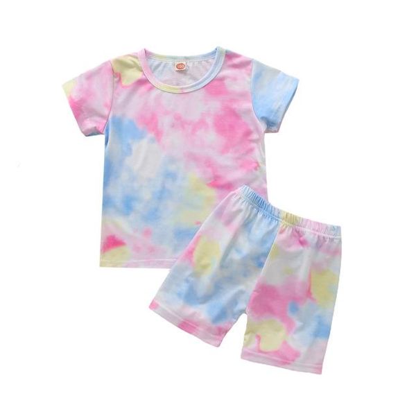 

infant baby suit set, girls tie-dye print round collar short sleeve t-shirt+ pants for summer, 1-7 years clothing sets, White