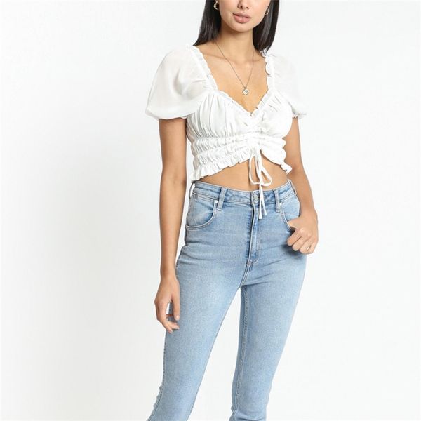

summer women's casual solid color bow decoration short shirt 210430, White