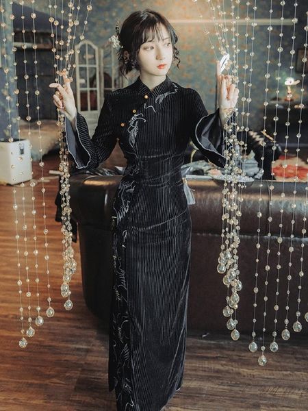 

ethnic clothing vintage chinese style embroidery black women qipao elegant slim long sleeve lady cheongsam spring autumn bodycon split dres, Red