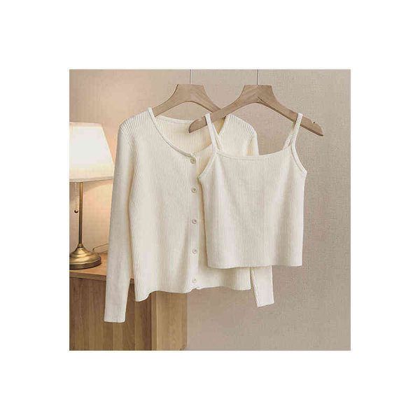 

women's sweaters good texture two-piece sling vt knitted cardigan women's 2021 autumn sweater suit top, White;black