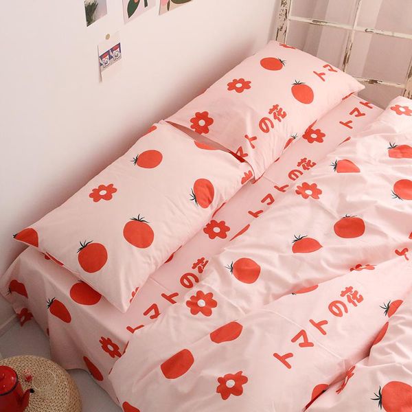 Кровать наборы хлопкового набора томатная красная двуспальная кровать нежная прекрасная девушка комната декоративное одеяло.