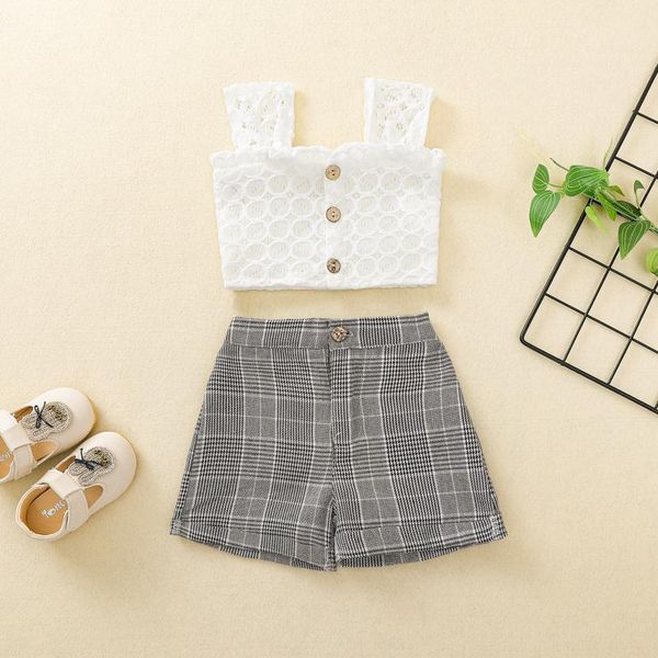 

clothing sets #vw girls summer sleeveless suspender lace solid button lattice pants clothes set kids baby sweet ropa, White