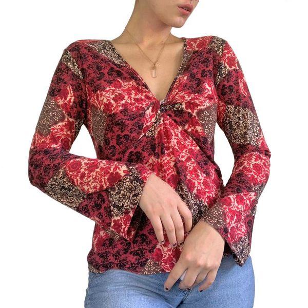 

women's t-shirt vintage flower print women color block adults long sleeve v-neck crop casual pullover clothing, White