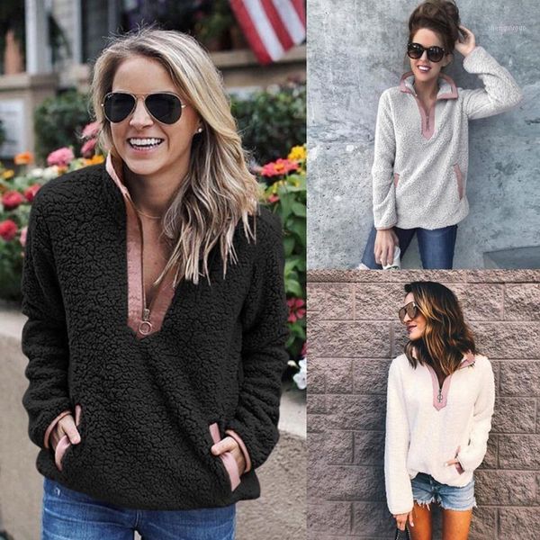 

women's wool & blends women coat solid color long sleeve zipper casual warm winter autumn loose jacket soft sweater ladies lamb, Black