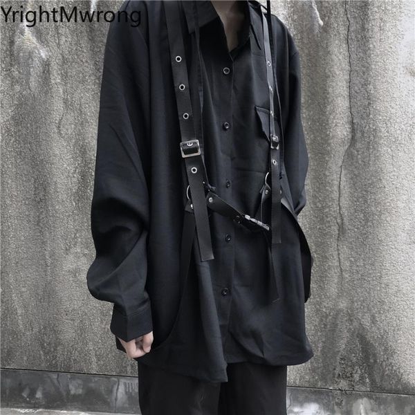 

men's casual shirts long sleeve button outfit fall oversized dark harness belt cage blouse streetwear woman man harajuku shirt hip hop, White;black