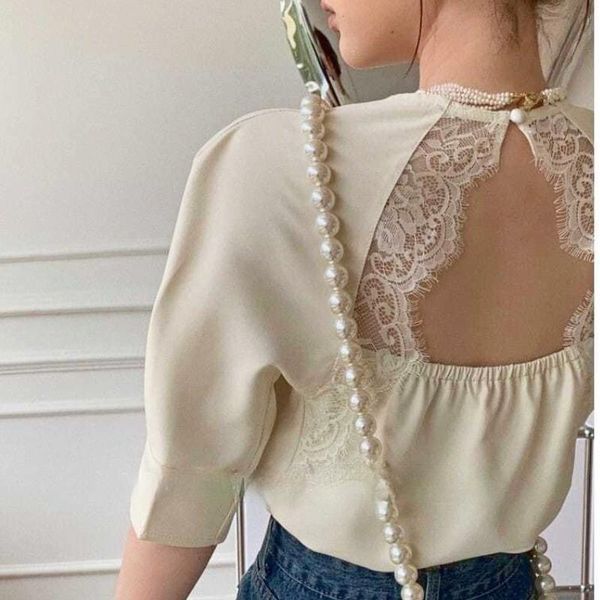 

women's blouses & shirts summer kawaii casual blouse women backless lace designer korean sweet shirt short sleeve chic elegant 2021, White