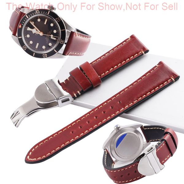 

watch bands carlywet 20 22mm red genuine leather replacement wrist watchband strap belt loops bracelets for black bay 58 skx, Black;brown