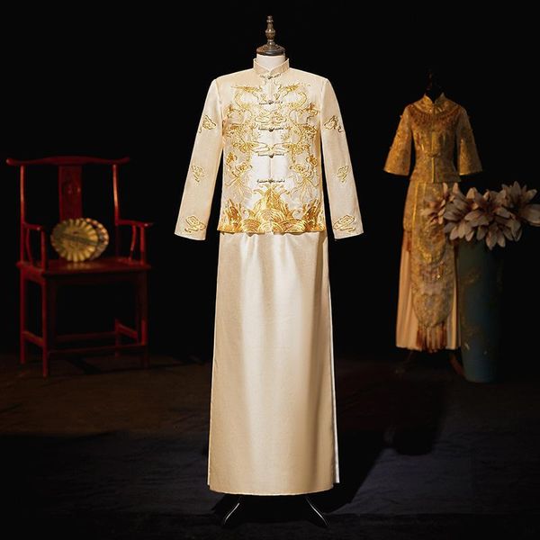 

traditional chinese wedding gown qipao 2021 groom vintage loose cheongsam embroidery dragon costume vestido ethnic clothing, Red