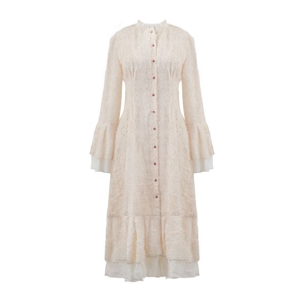 

beige lace stand collar flare sleeve long maxi dress vintage retro lolita autumn d1320 210514, Black;gray