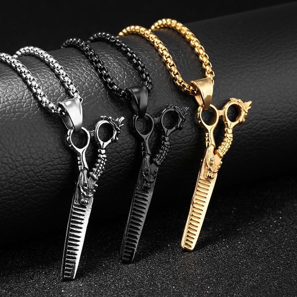 

pendant necklaces hip hop rock dragon scissors pendants necklace for men gold black silver color 316l stainless steel barber jewelry drop