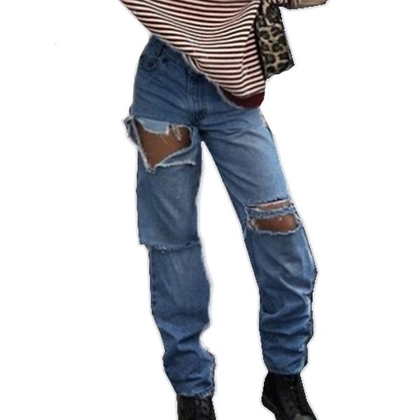 

women's jeans high waist baggy for women ripped straight leg ladies denim pants streetwear fashion slimming washed hole trousers, Blue