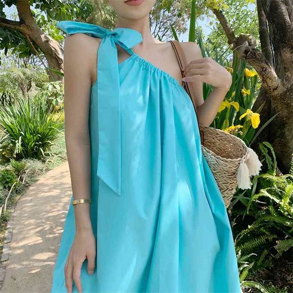Moda Vestido Azul Mulheres Verão Solto Casual Casual Feriado Colares Collar Temperamento Strap Halter Long Bowtie Feminino 210601
