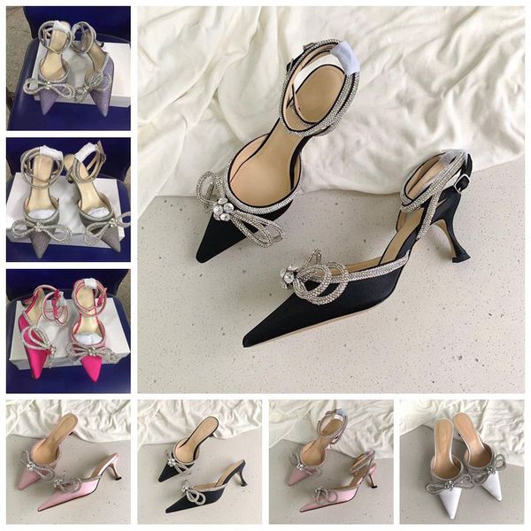 

2022 luxurious designers sandals dress shoe evening slingback satin bow pumps 6cm 9cm high heels point-toe crystal-embellishments rhinestone, Black