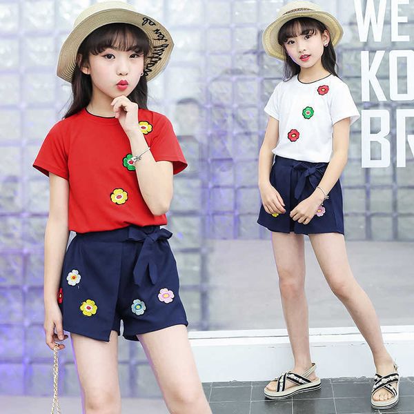 

girls clothes set summer flowers short sleeve t-shirt+short pants children clothing for girls teen kids clothes 4 6 8 10 12 year x0802, White