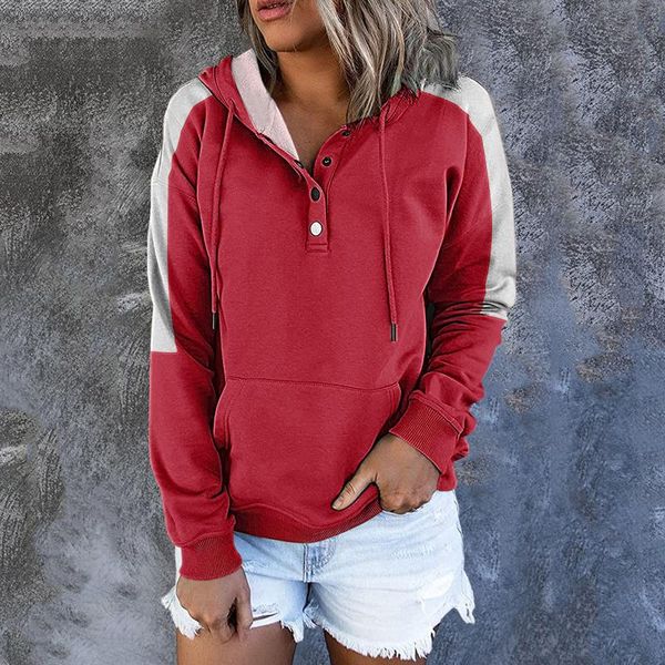 

women's hoodies & sweatshirts womens hoodie patchwork casual pullover button down drawstring hooded pocket long sleeve plus size sudade, Black