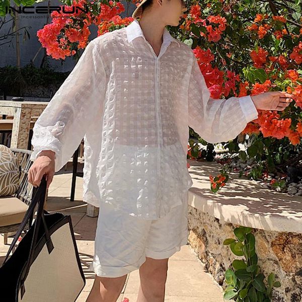 

fashion mesh shirts men see through camisa casual long sleeve lapel blusas thin loose chemise chic blouse streetwear 5xl men's, White;black