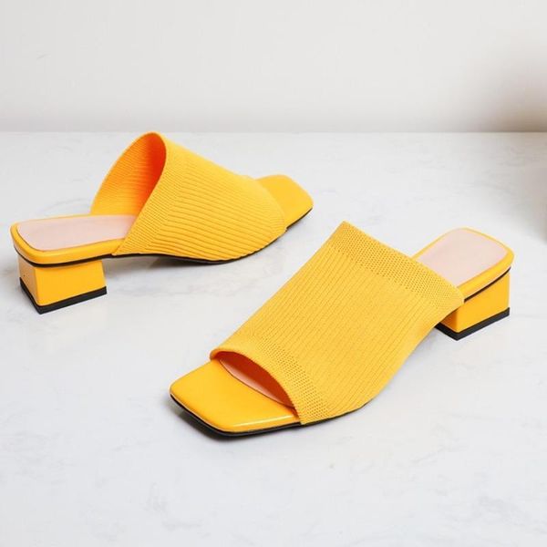 

slippers womens open toe knitted knit stretchy block chunky heel slipper slides shoes ladies summer black yellow plus size by4h