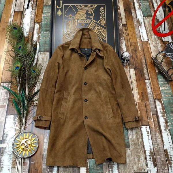 

men's leather & faux goat super thick alpine suede leather oem export luxury windbreaker genuine long jacket, Black