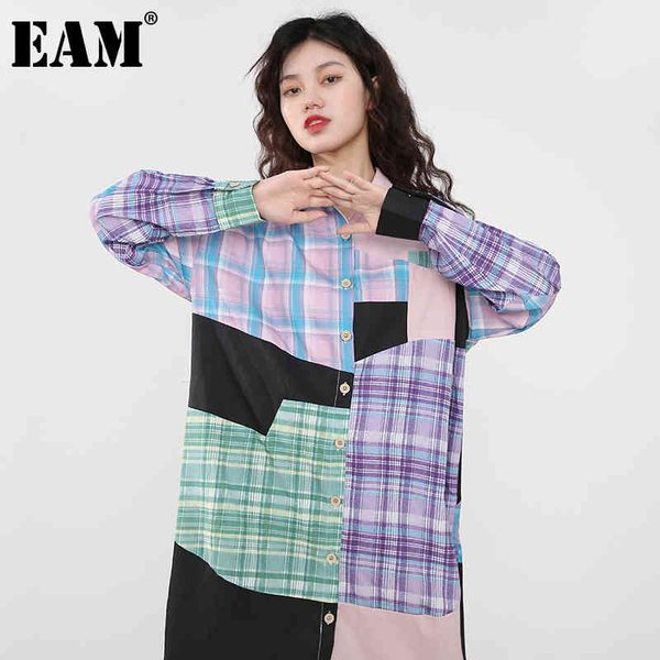 

[eam] women contrast color plaid pattern big size dress lapel long sleeve loose fashion spring autumn 1dd363414 210512, Black;gray