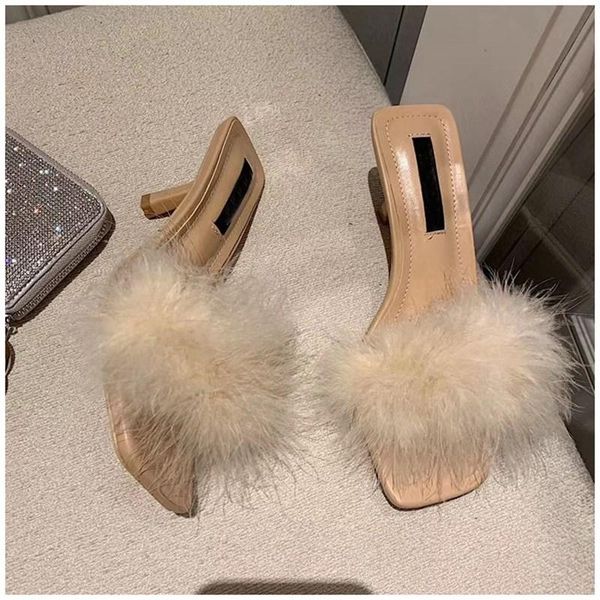 

women fur slides fashion ostrich hair luxury furry slippers autumn casual outdoor sandal shoes thin high heel slid, Black