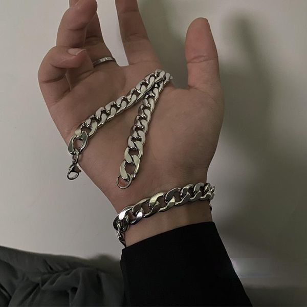 

link, chain personality simple cuban bracelet fashion punk man silver color wide hip hop men motorcycle party jewelry, Black