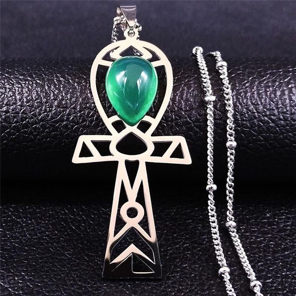 Ägyptisches Kreuz Edelstahl Grüner Stein Charm Halskette Für Frauen Silber Farbe Schmuck Collier Femme NXS04 Anhänger Halsketten