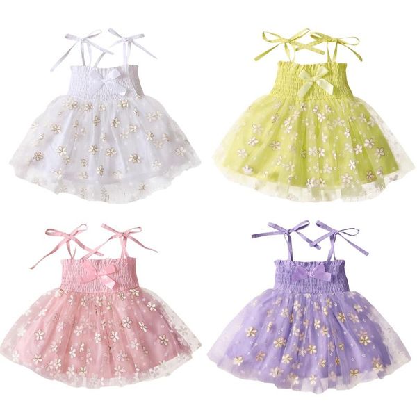 

girl's dresses 0-18m summer kids girls princess dress sleeveless bandage pleated floral tulle tutu sundress for birthday party, Red;yellow