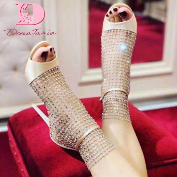

dora tasia 2021 brand design gladiator women sandals high heels peep toe crystal pumps summer party woman shoes, Black