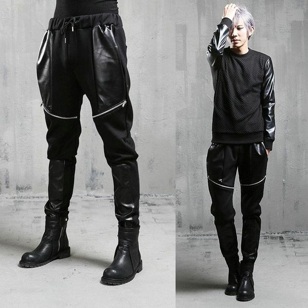 

men's pants summer men black hip hop harem joggers streetwear skinny zippers pockets leather patchwork camo cargo sweatpants