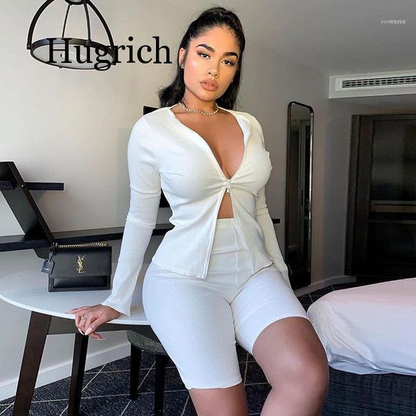 

ribbed solid fashion co-ord sets women zipper casual slim white two piece outfits long sleeve and biker shorts set1, Gray