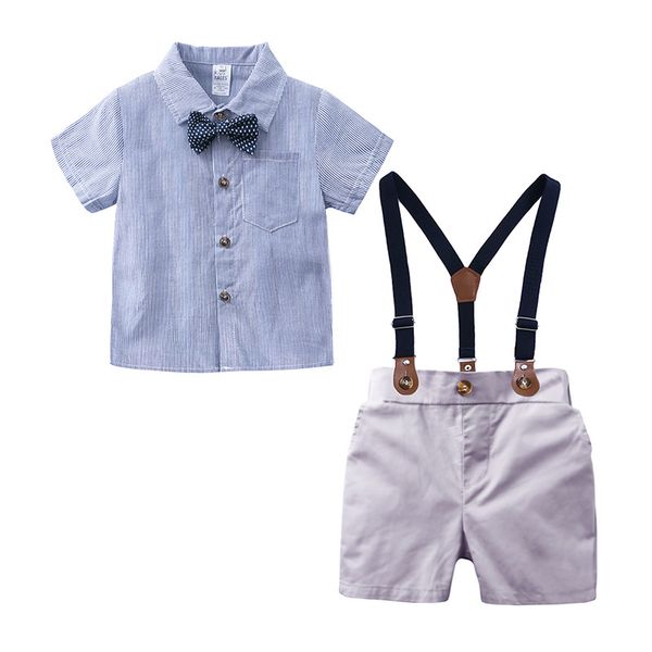 Roupas para meninos Bebê Bow conjunto de aniversário terno formal verão roupa nascida camisa azul top + suspender calças roupas 210429