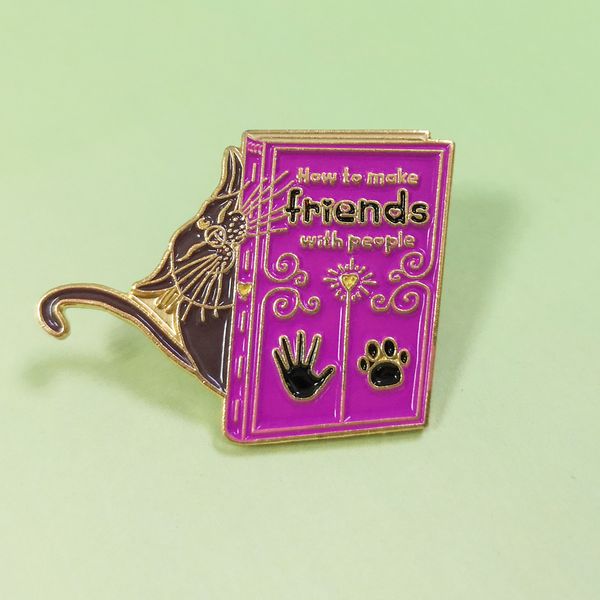 

cat book enamel pin reading make friends with people brooches bag clothes lapel pin animal badge cartoon kitten jewelry gift, Blue