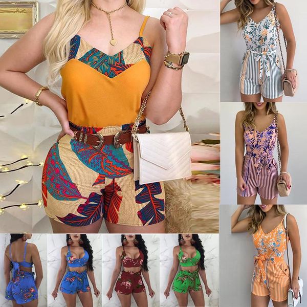 

women's tracksuits 2 piece sets women outfits summer sleeveless spaghetti strap print & shorts, Gray