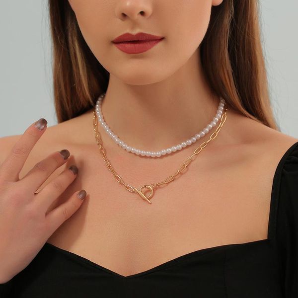 

chokers fashion trend multilayer pearl necklace for women retro exaggerated clavicle chain jewelry party, Golden;silver