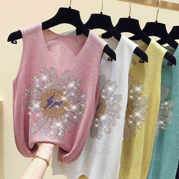 

women's t-shirt korean fashion diamond sleeveless knitted cotton thin t-shirt women v-neck floral summer sweet grils aqw4, White