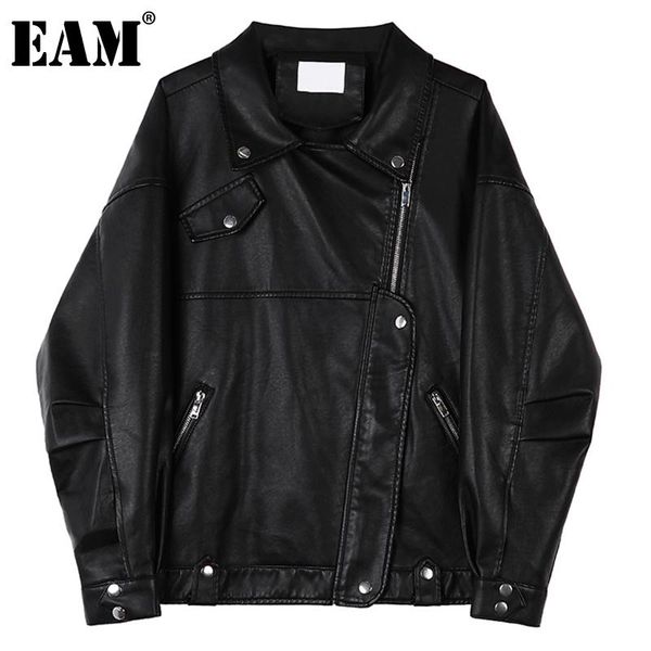 

women's leather & faux [eam] loose fit pu blue big size jacket lapel long sleeve women coat fashion spring autumn 2021 1de0651, Black