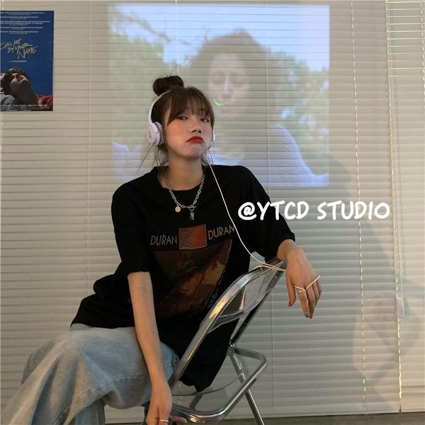 

women's t-shirt sakurada kawashima 2021 summer niche rock portrait design personality printed words loose short sleeve for women, White